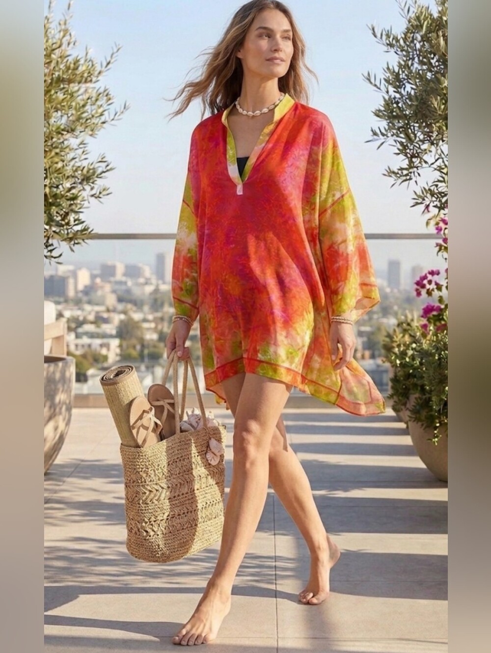 Natori Colorful Abstract Watercolor Kaftan Tunic Top Pink Orange Lime Size Large